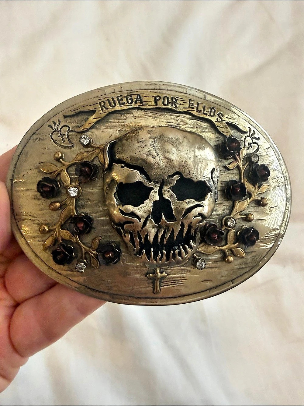 Virgins, Saints & Angels Ruega Por Ellos Skull Belt Buckle Gold & Brown
